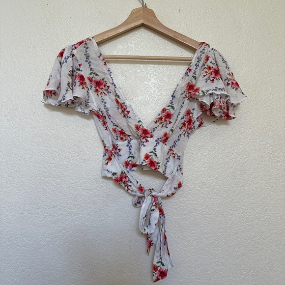 Forever 21 White Floral Wrap Tie Crop Top Blouse Ruffle Women’s Summer Spring - Picture 5 of 11
